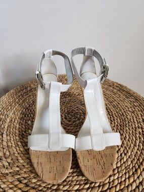 Marc Fisher White T-Strap Cork Footbed Sandals